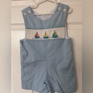 Blue Sailboat Embroidered Boys Romper. Size 2T